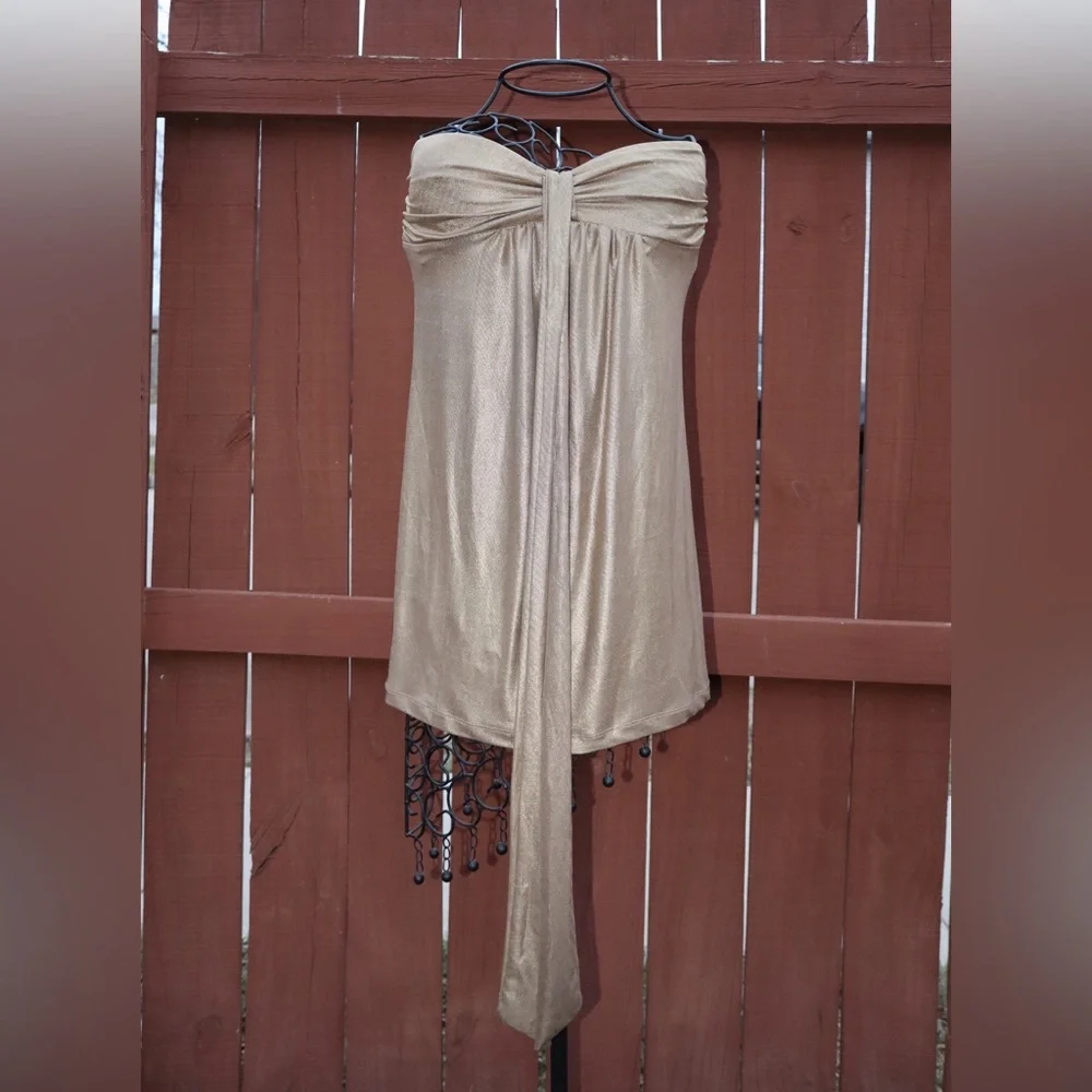 Forever Champagne Sleeveless/Strapless Flowy Cocktail Dress with Ribbons - Picture 2 of 7